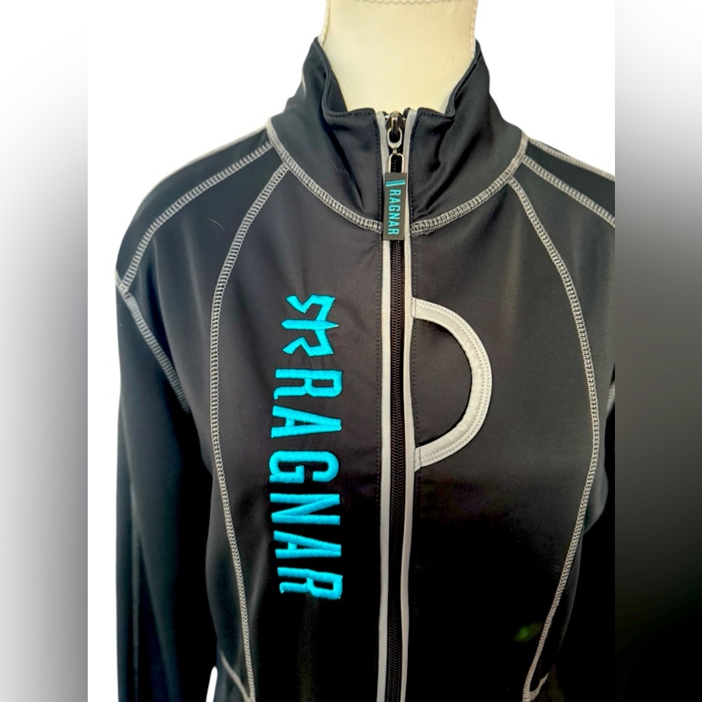 Women's Black Zip-Front Performance Jacket with Teal Logo